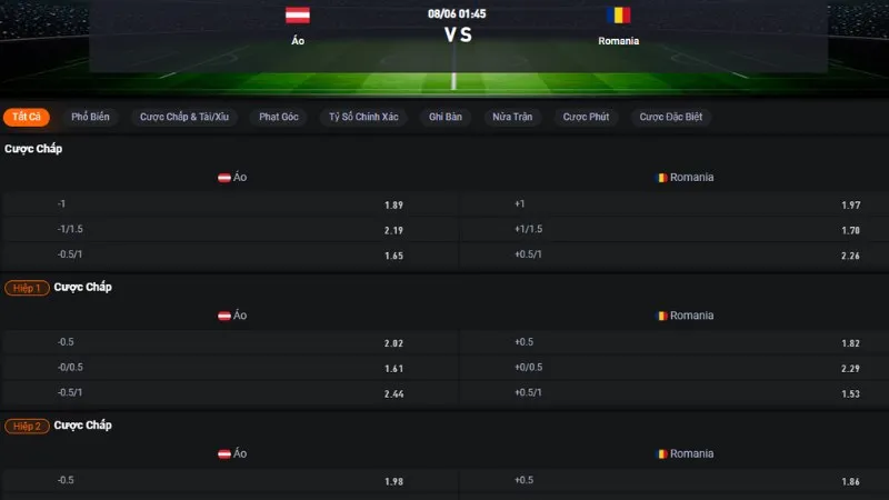 Bảng tỷ lệ kèo trận Áo vs Romania